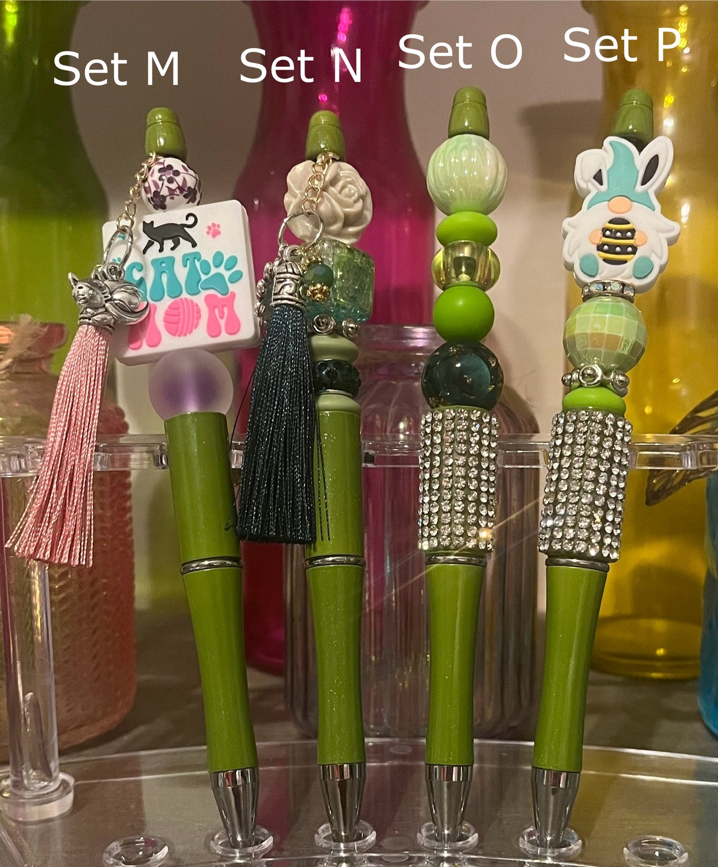 Glitter Olive Green Beaded Pens