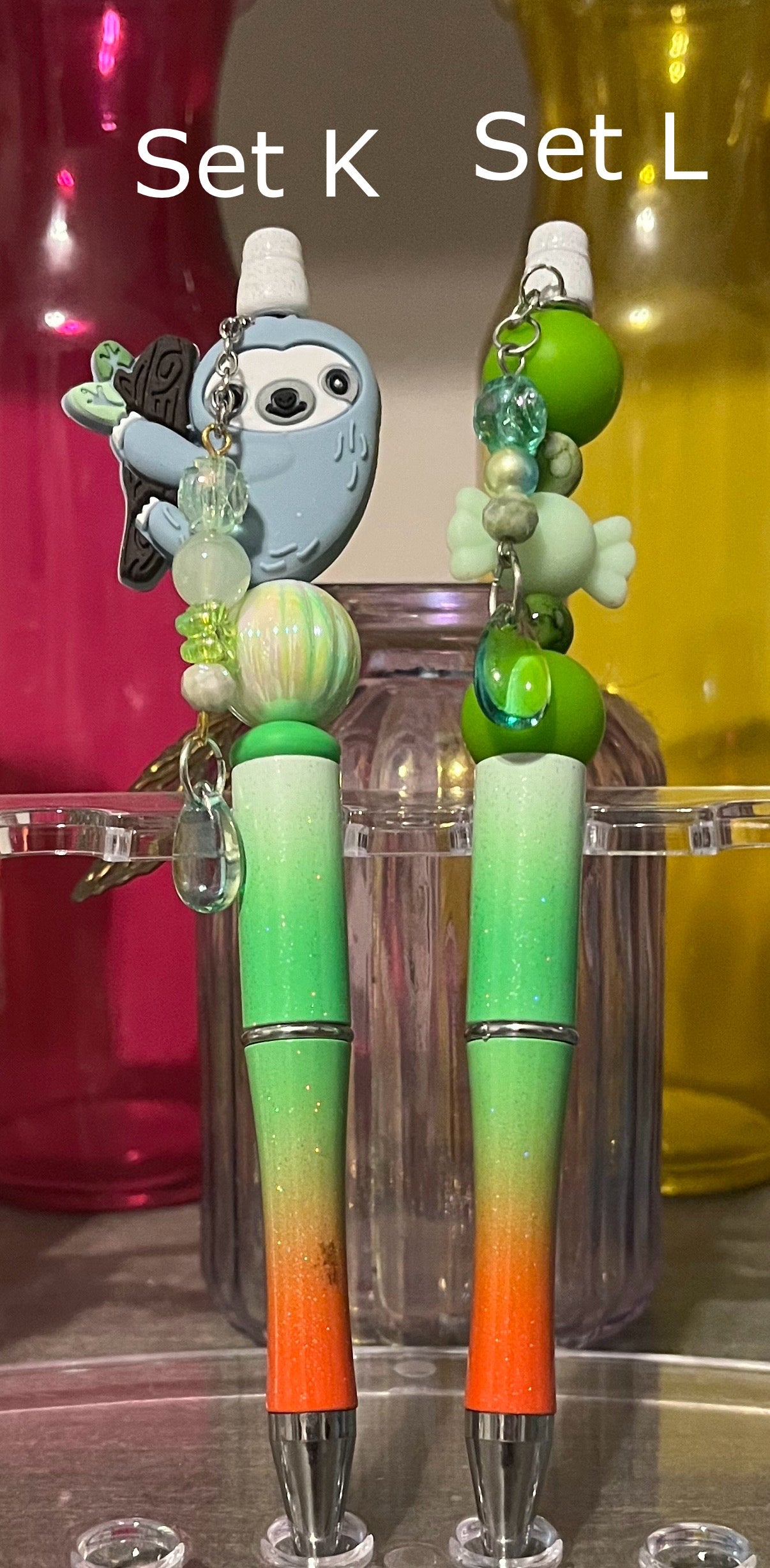 Glitter White-Green-Orange Ombré Beaded Pens