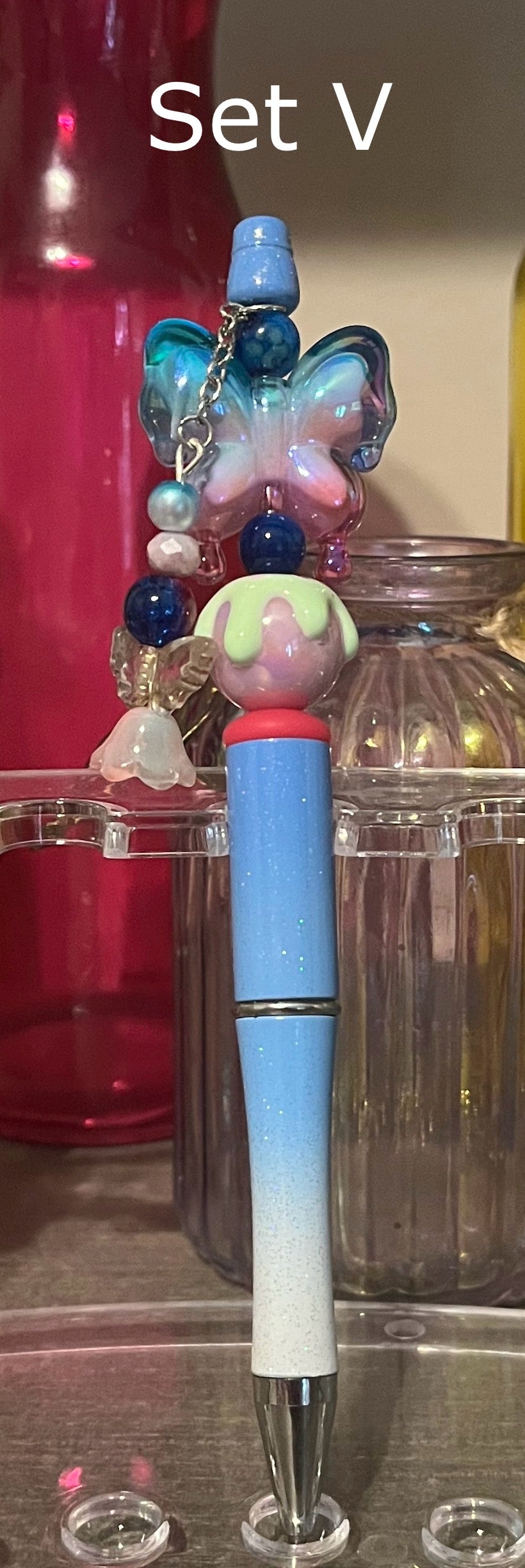 Glitter Blue-White Ombré Beaded Pens