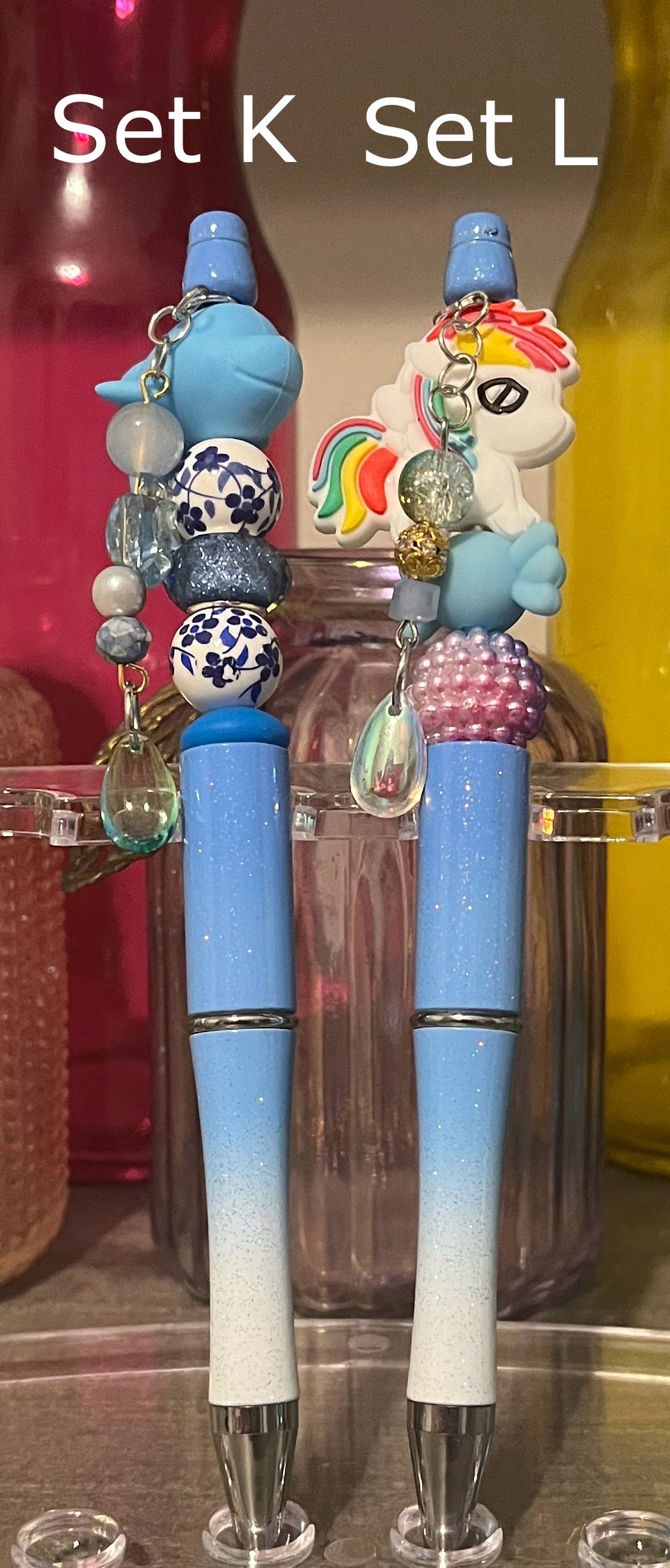 Glitter Blue-White Ombré Beaded Pens