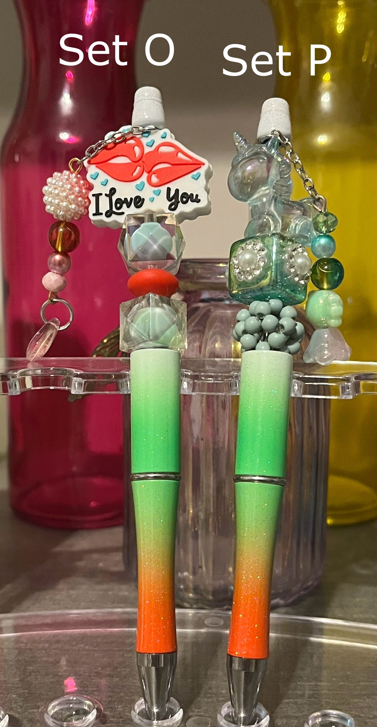 Glitter White-Green-Orange Ombré Beaded Pens