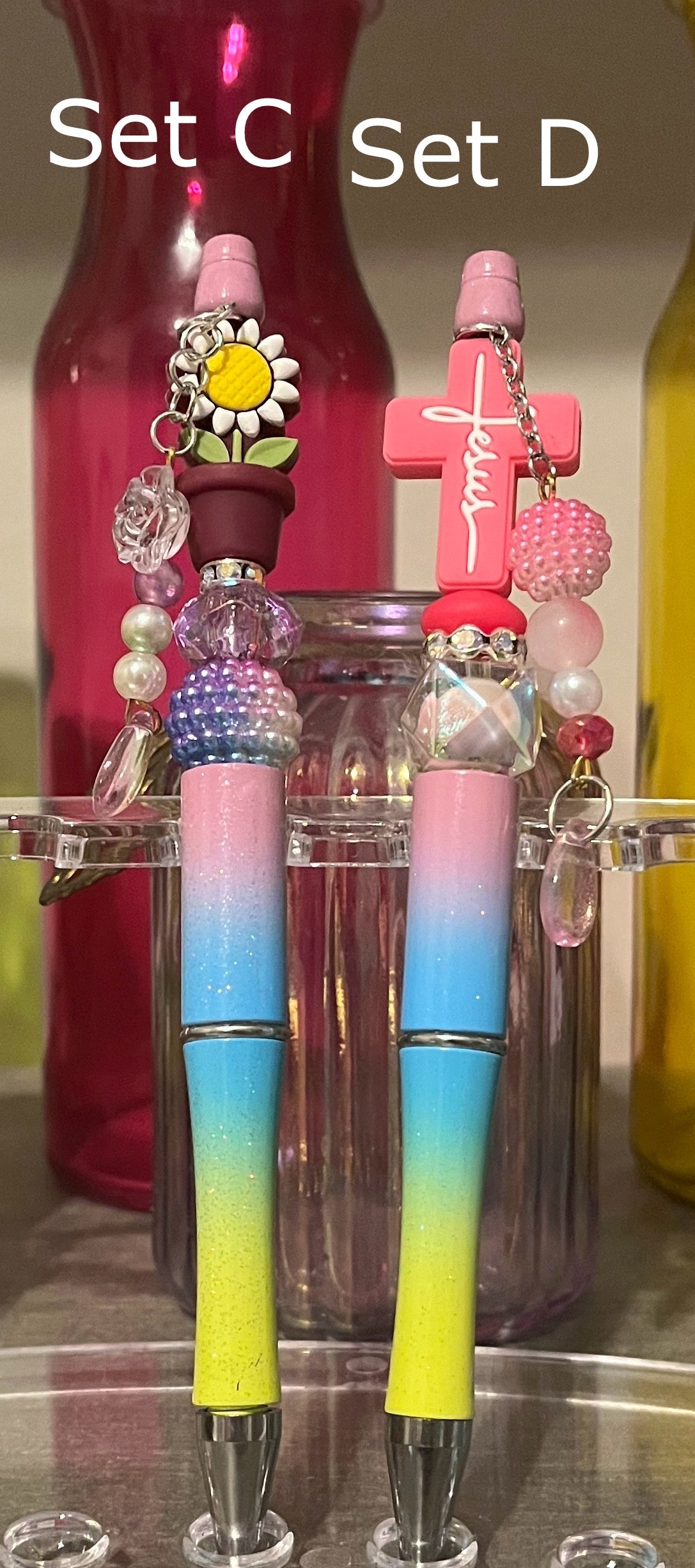 Glitter Lavender-Blue-Lime Ombré Beaded Pens