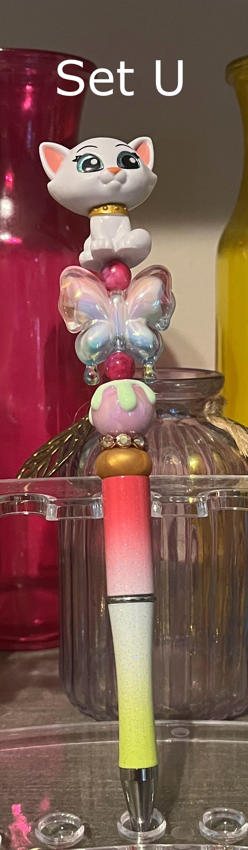 Glitter Pink-White-Lime Ombré Beaded Pens