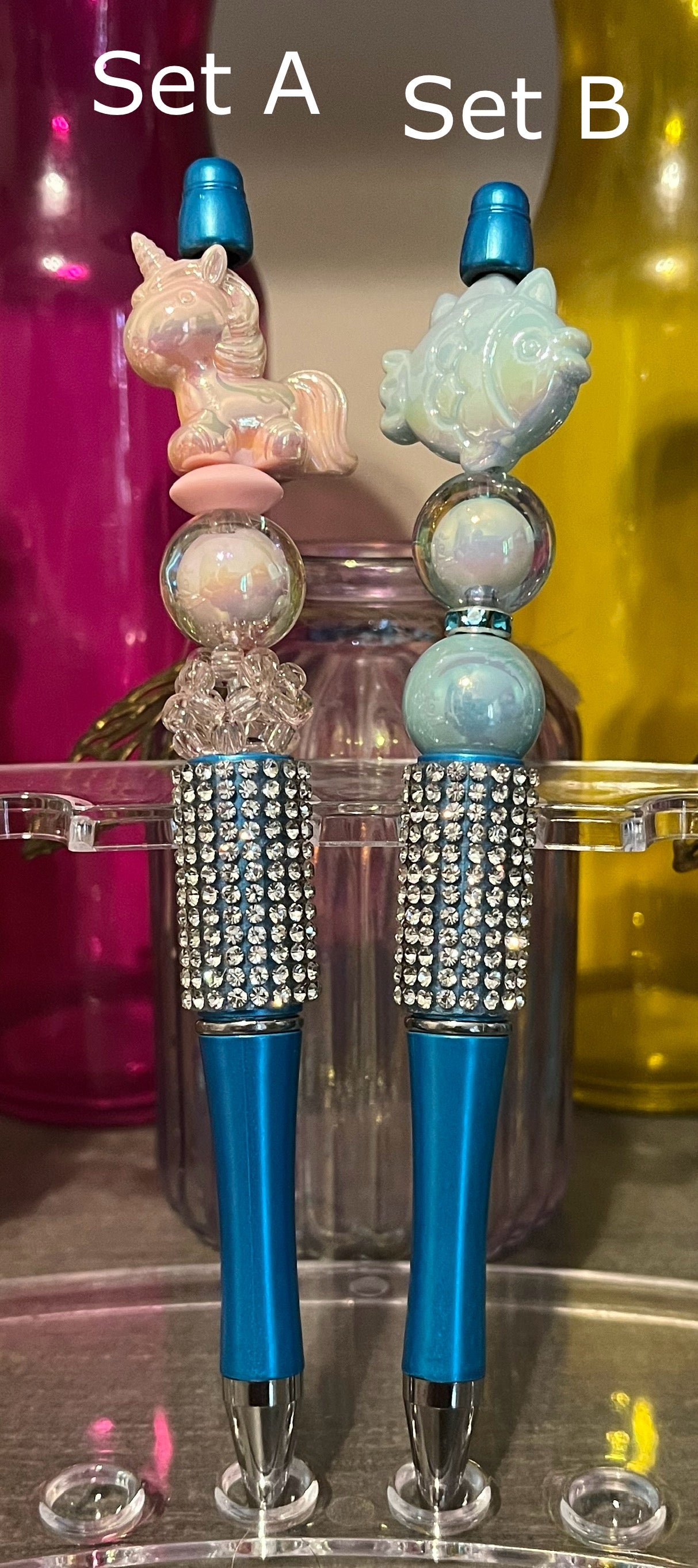 Metallic Light Blue Beaded Pens
