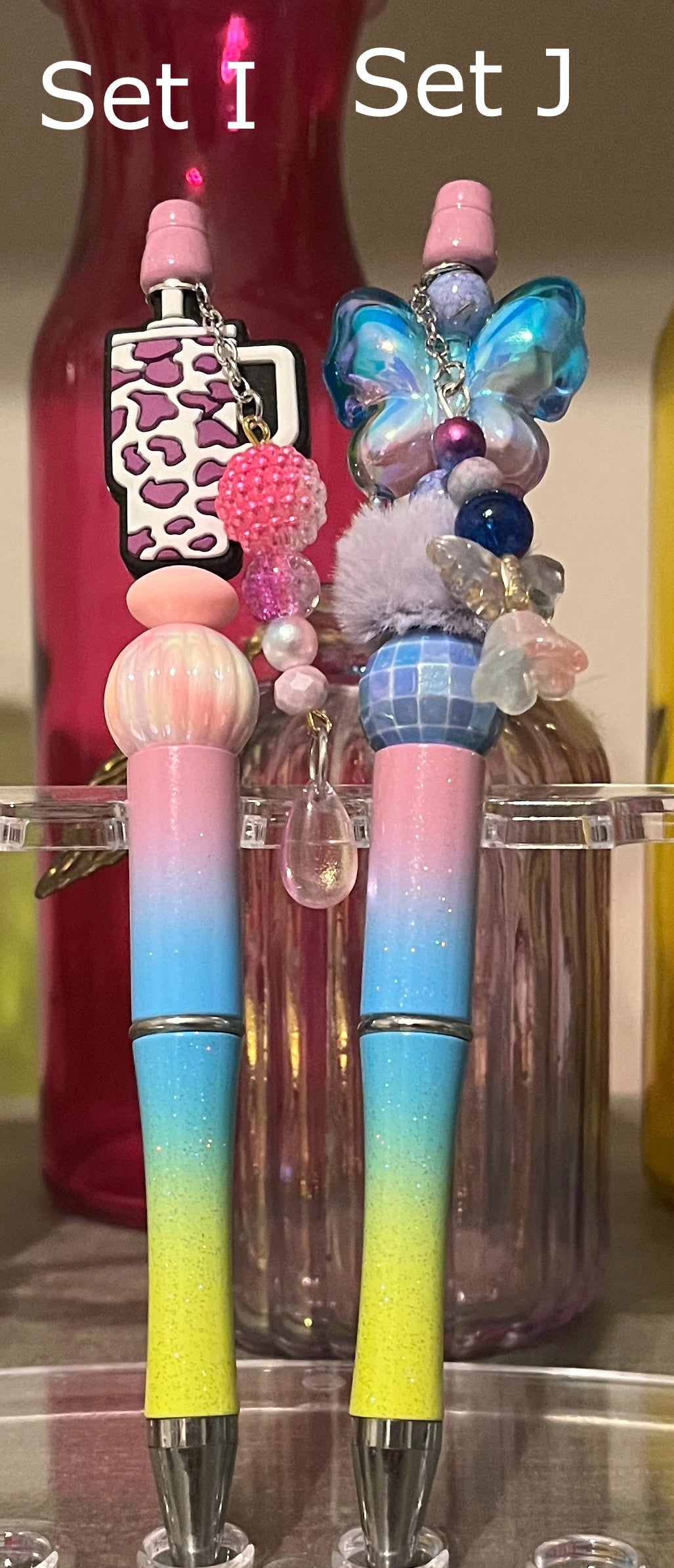 Glitter Lavender-Blue-Lime Ombré Beaded Pens