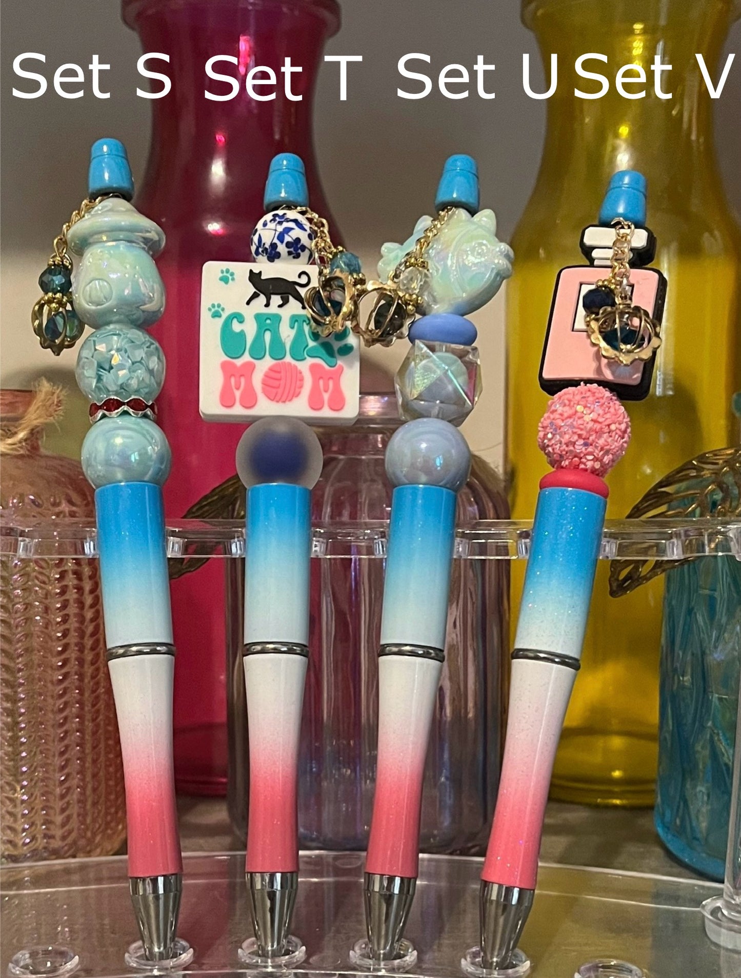 Glitter Blue-White-Pink Ombré Beaded Pens