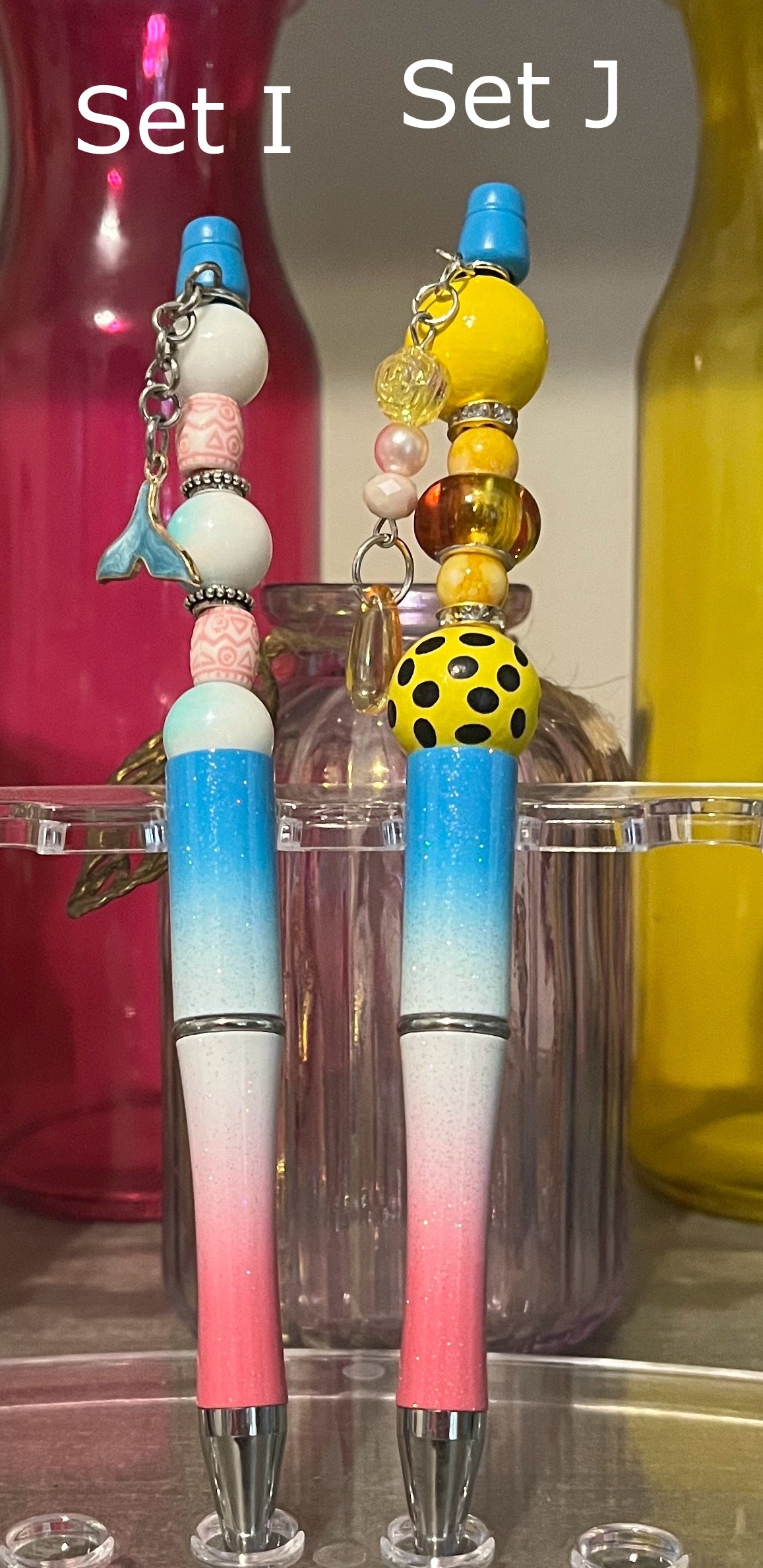 Glitter Blue-White-Pink Ombré Beaded Pens