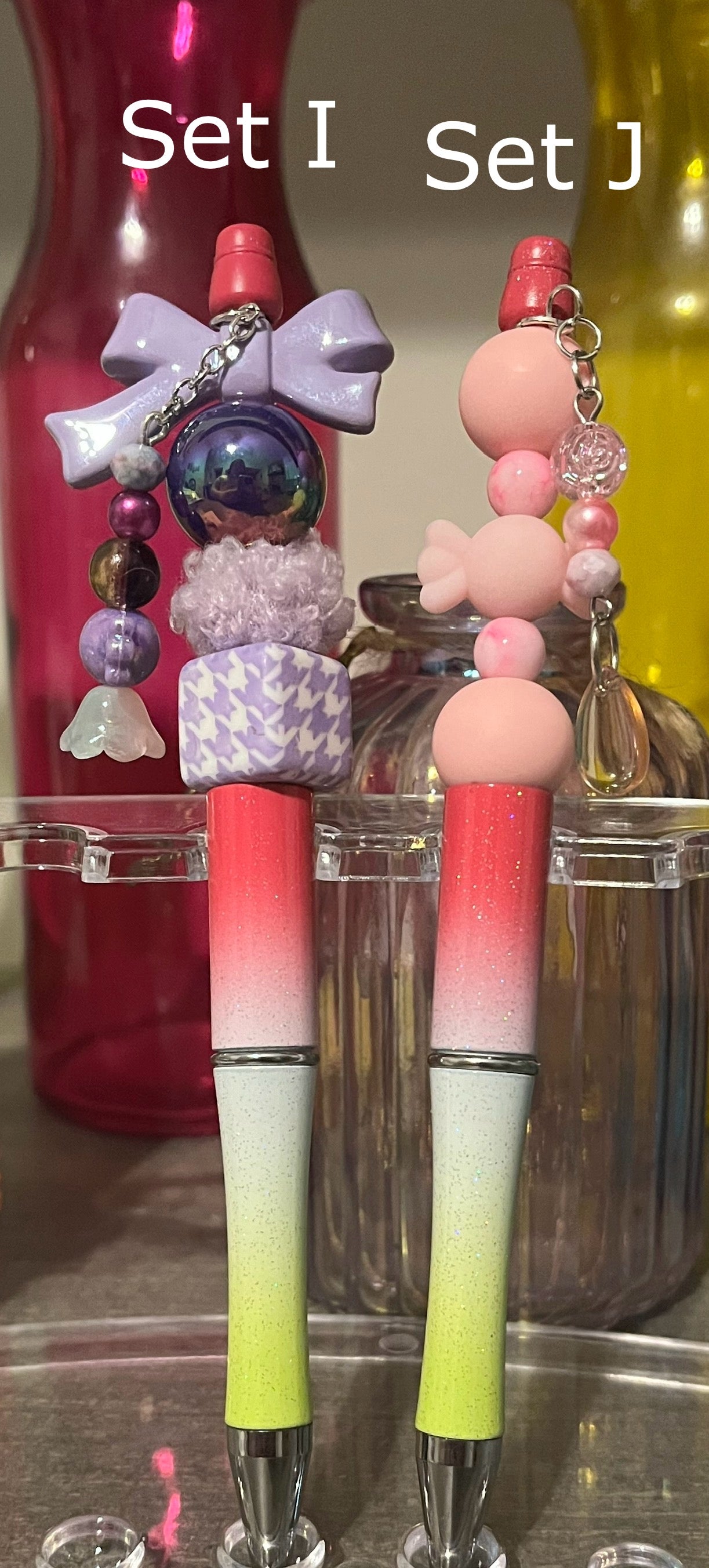 Glitter Pink-White-Lime Ombré Beaded Pens