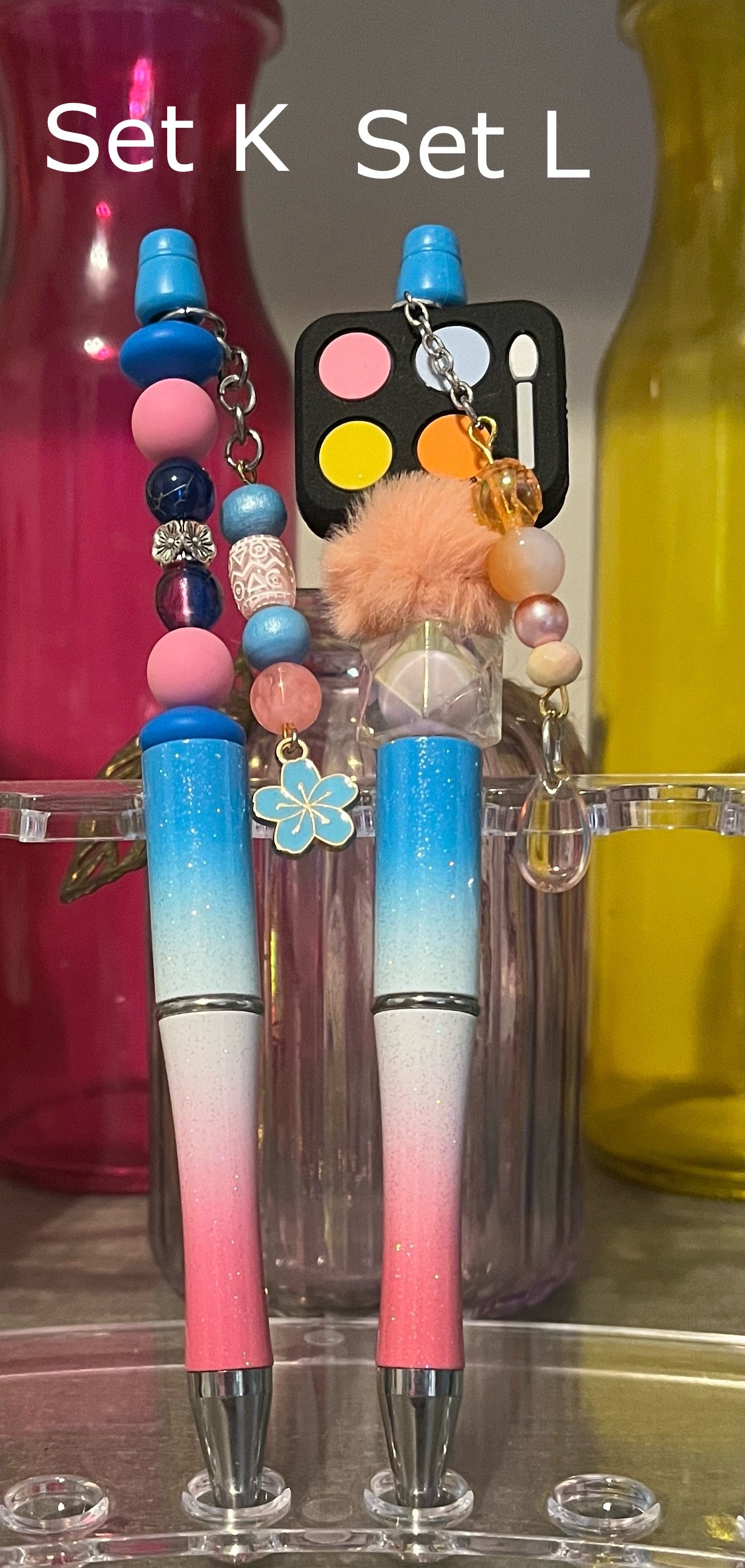 Glitter Blue-White-Pink Ombré Beaded Pens