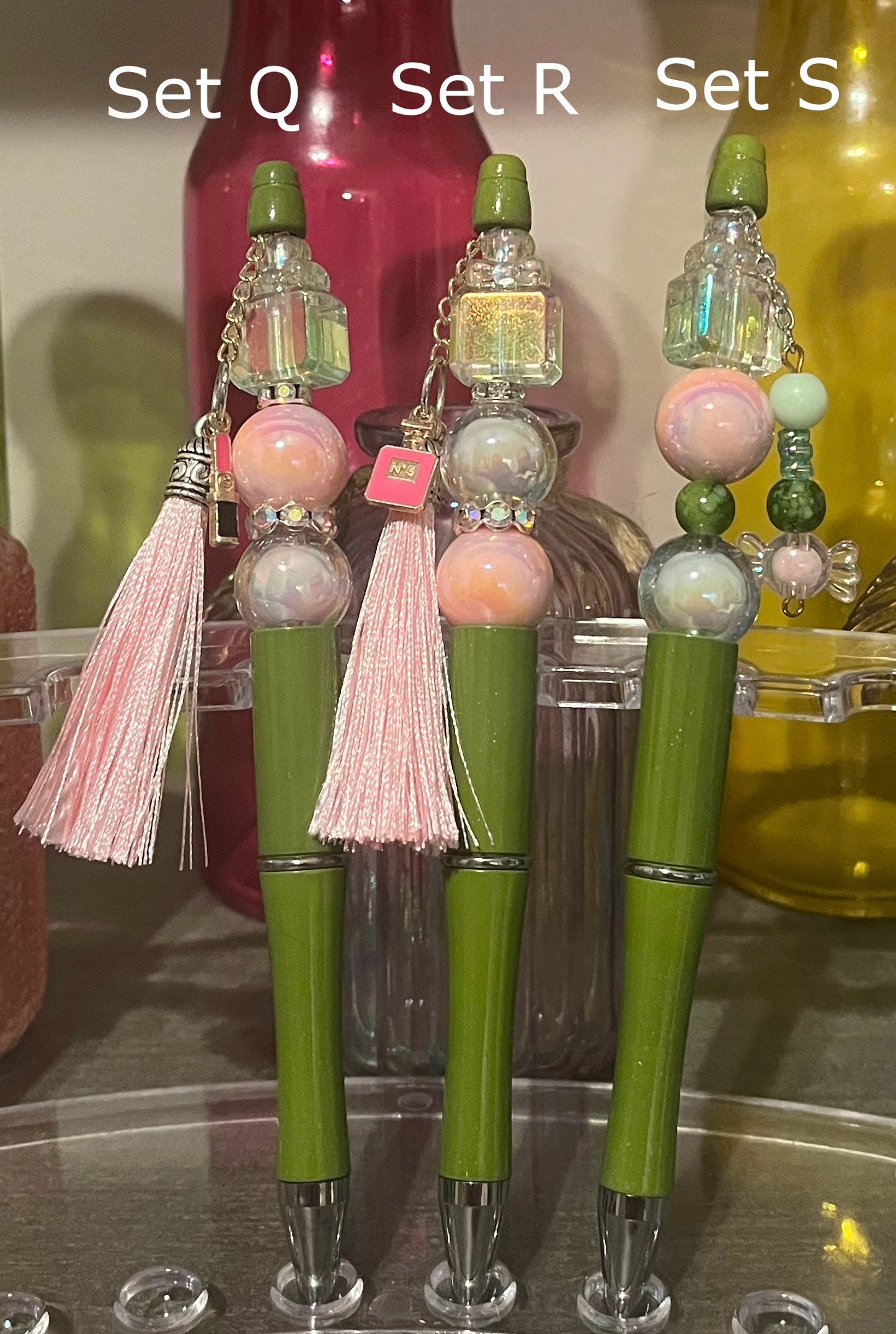 Glitter Olive Green Beaded Pens
