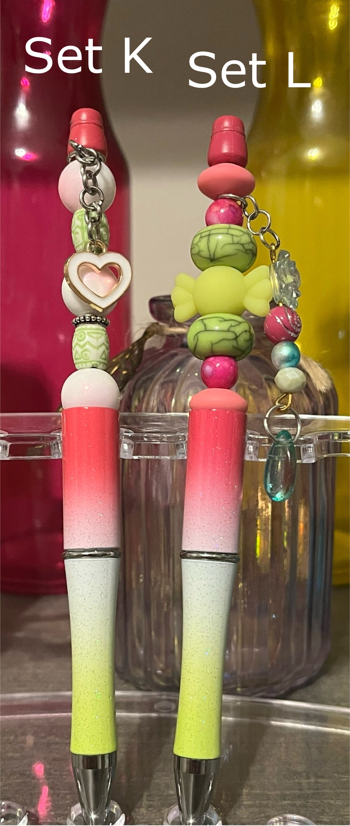 Glitter Pink-White-Lime Ombré Beaded Pens