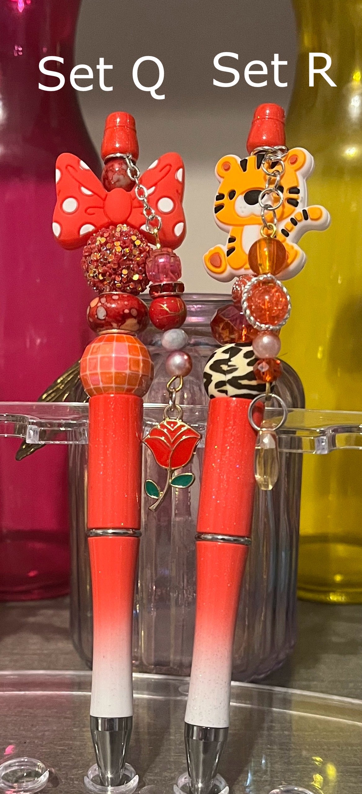 Glitter Red-White Ombré Beaded Pens