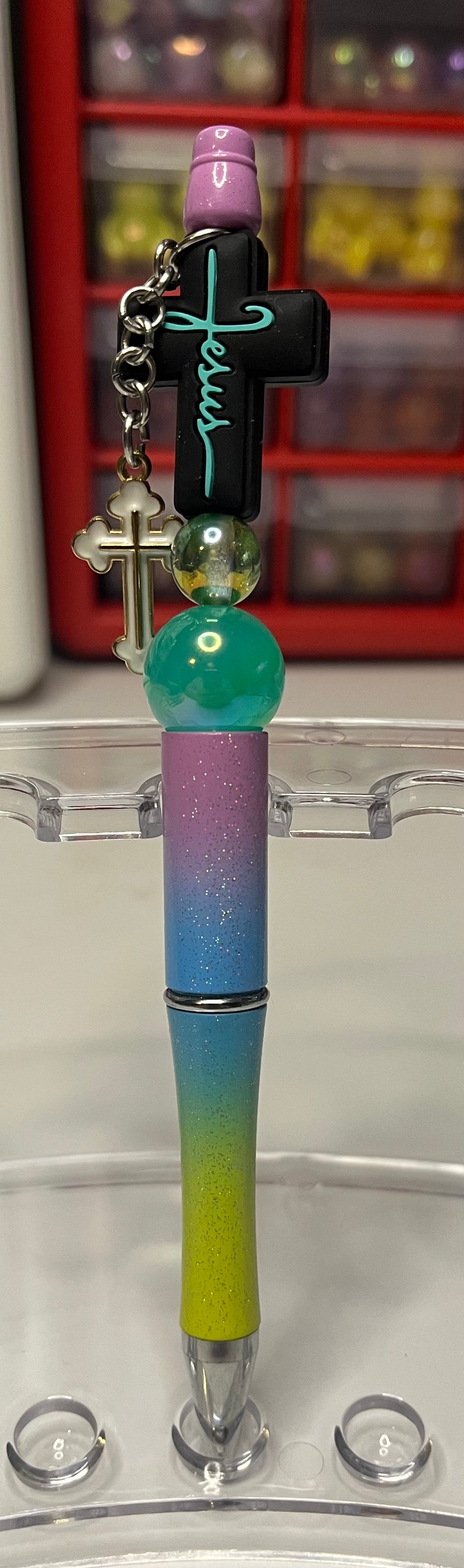 Glitter Lavender-Blue-Lime Ombré Beaded Pens