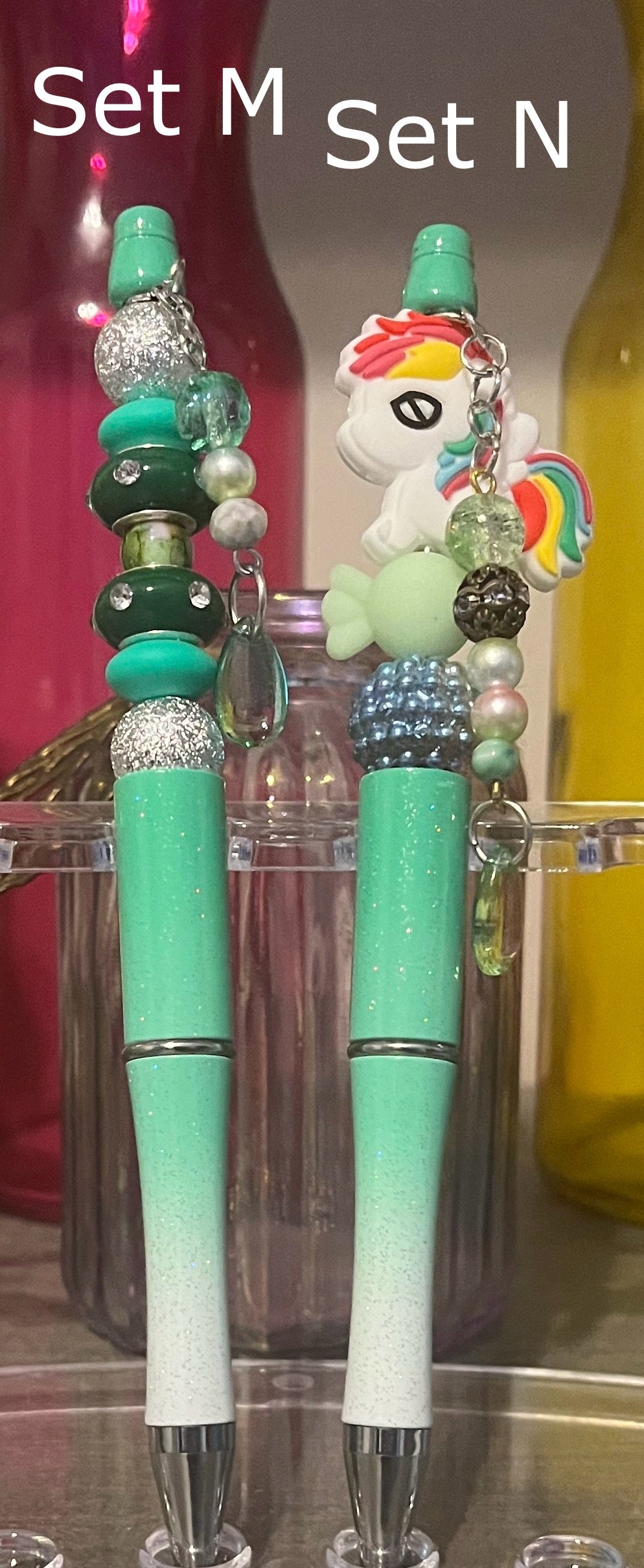 Glitter Mint Green-White Ombré Beaded Pens