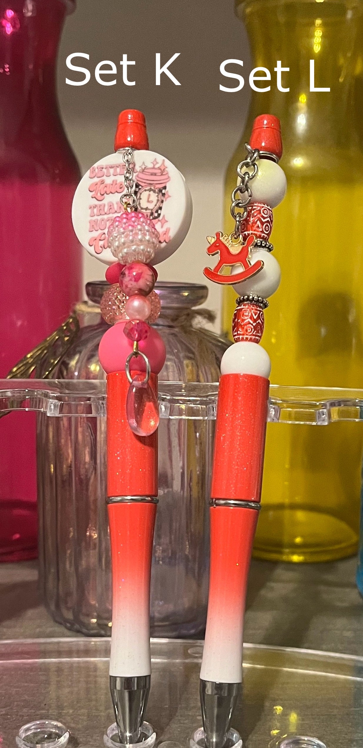 Glitter Red-White Ombré Beaded Pens