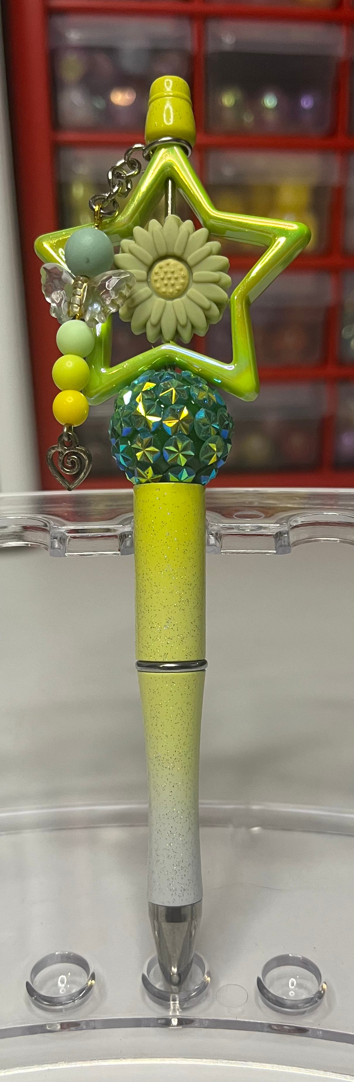 Glitter Lime-White Ombré Beaded Pens