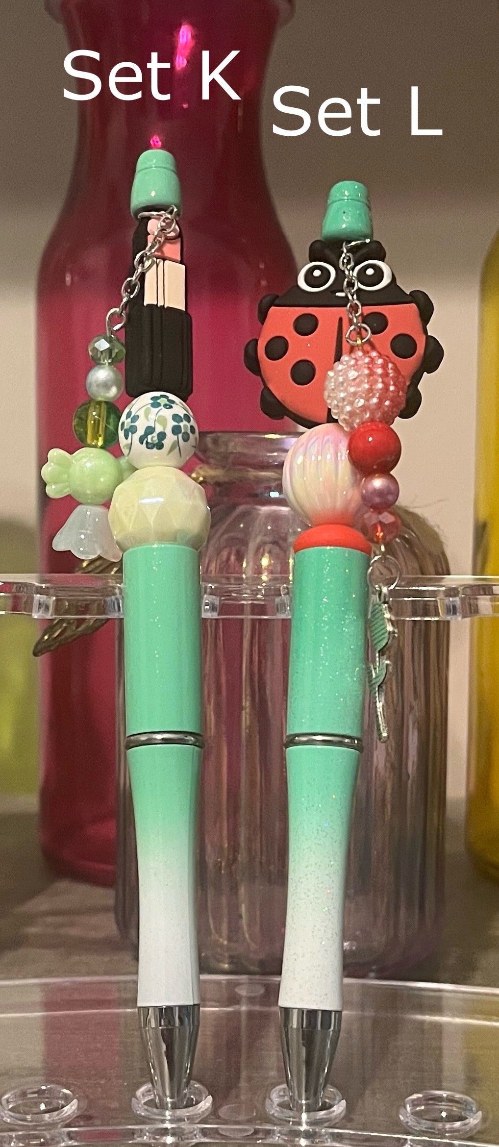 Glitter Mint Green-White Ombré Beaded Pens