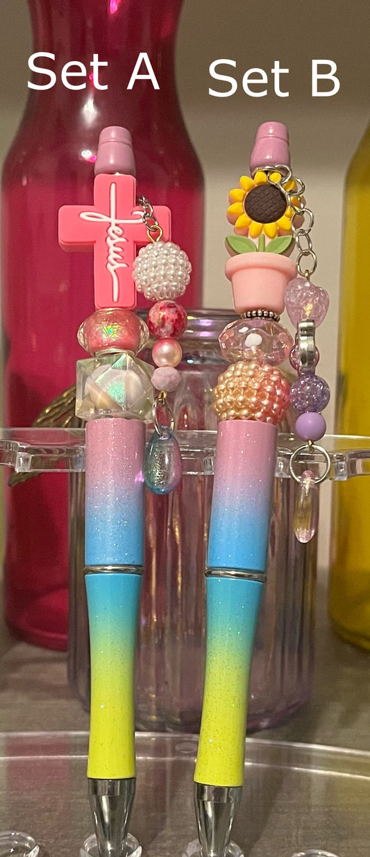 Glitter Lavender-Blue-Lime Ombré Beaded Pens