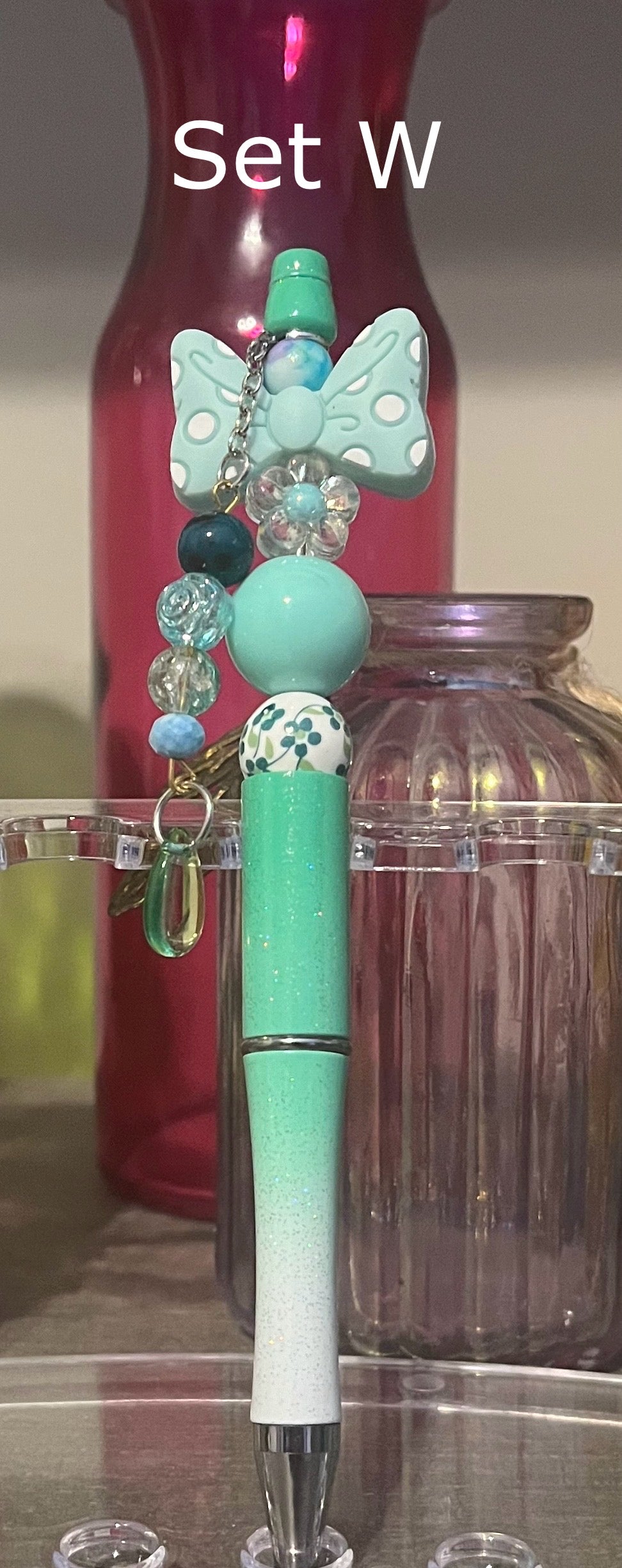 Glitter Mint Green-White Ombré Beaded Pens