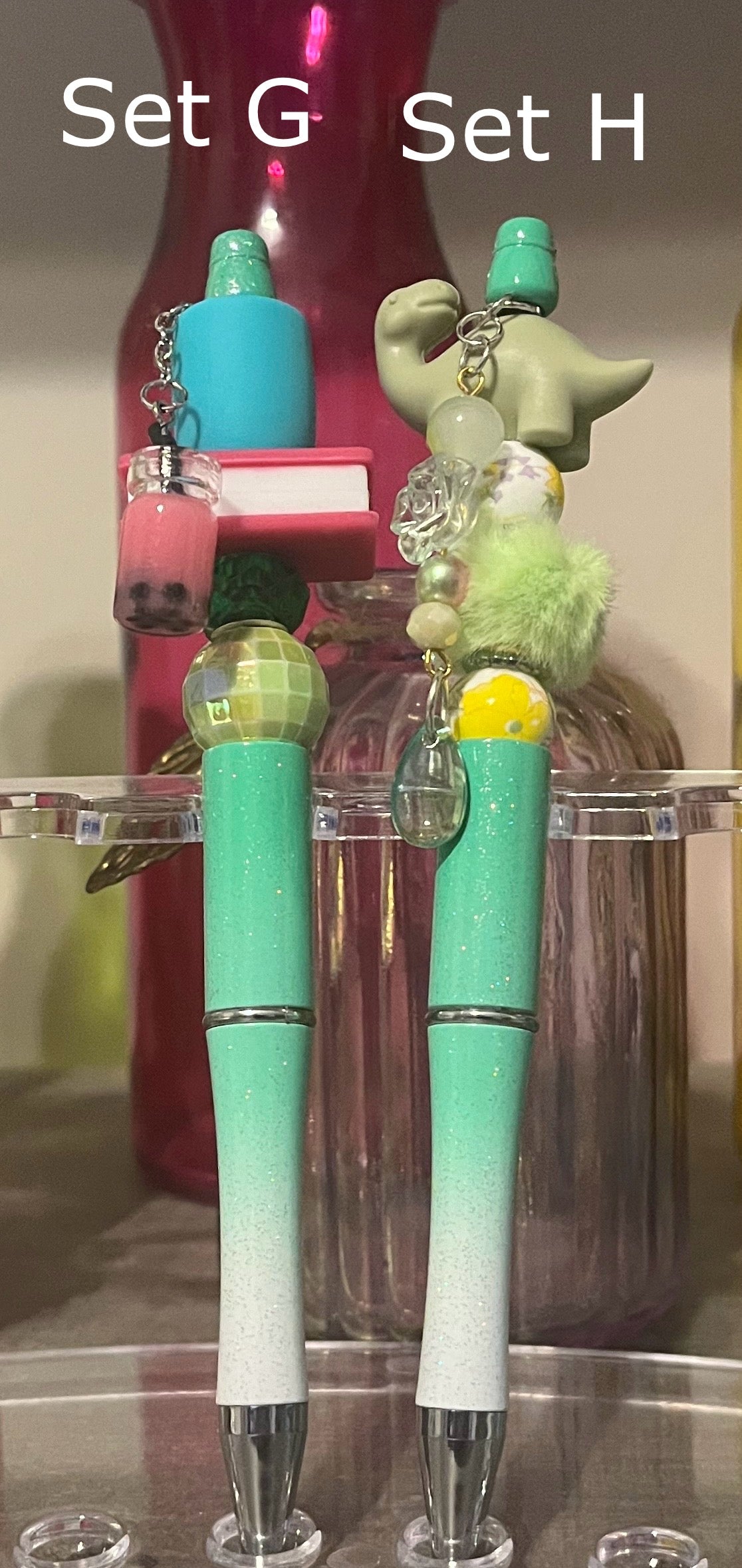 Glitter Mint Green-White Ombré Beaded Pens