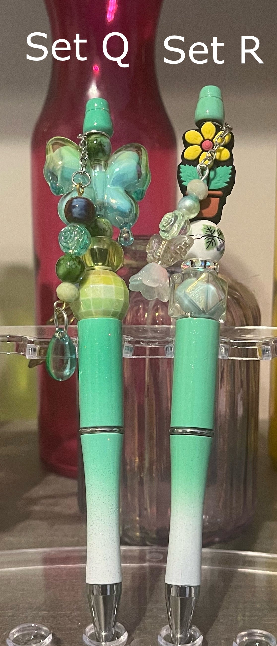 Glitter Mint Green-White Ombré Beaded Pens
