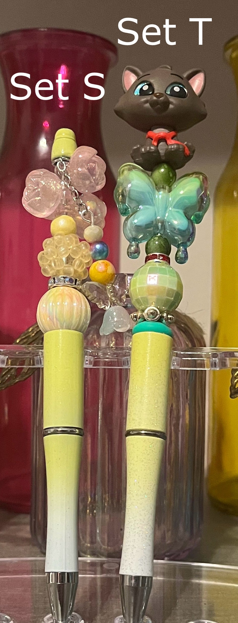 Glitter Lime-White Ombré Beaded Pens