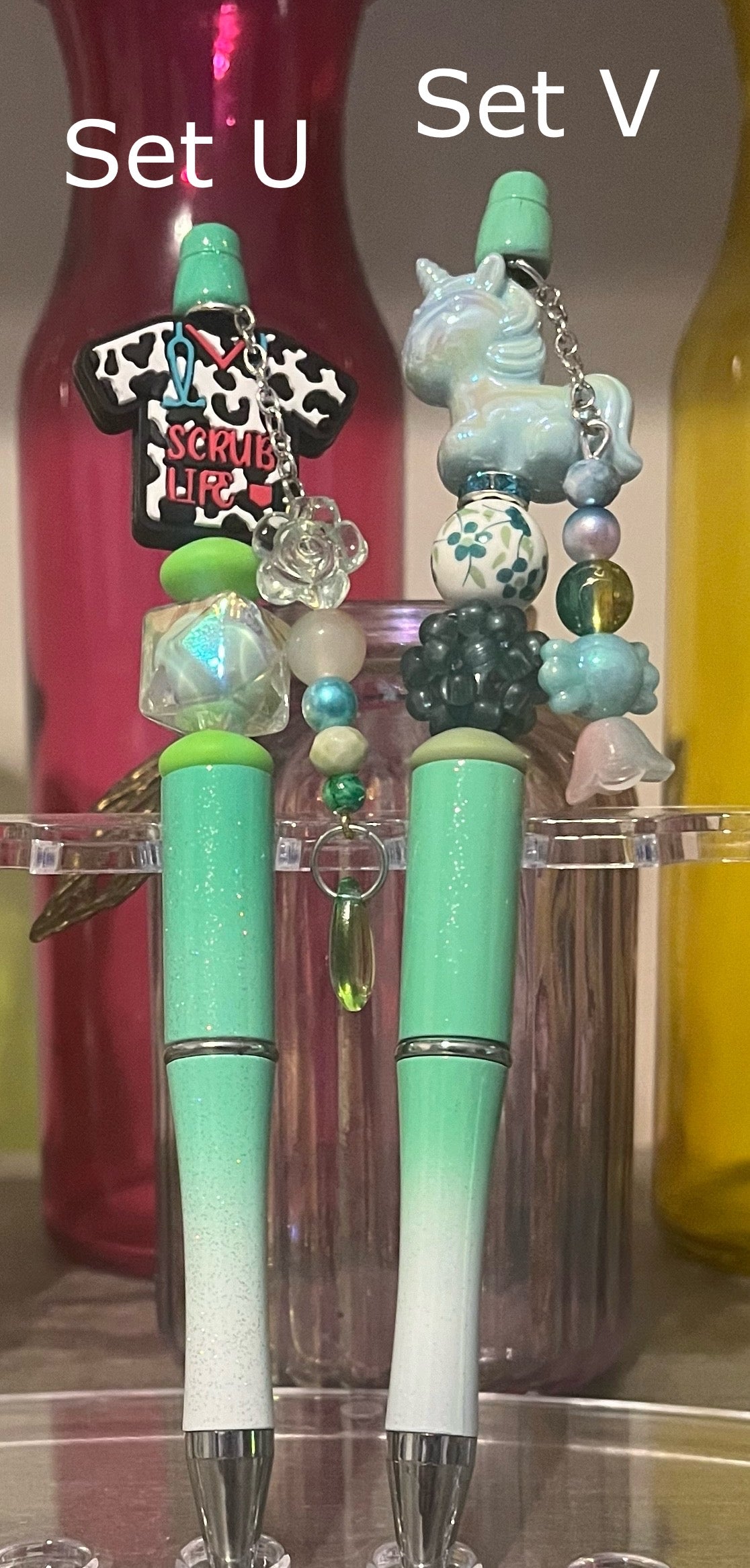 Glitter Mint Green-White Ombré Beaded Pens