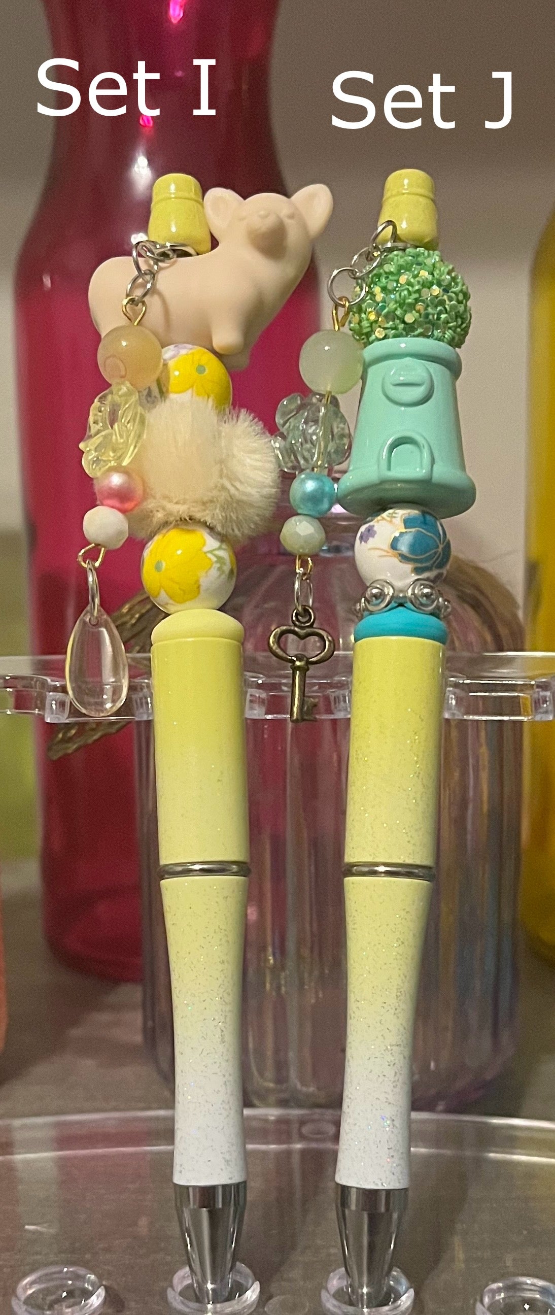 Glitter Lime-White Ombré Beaded Pens