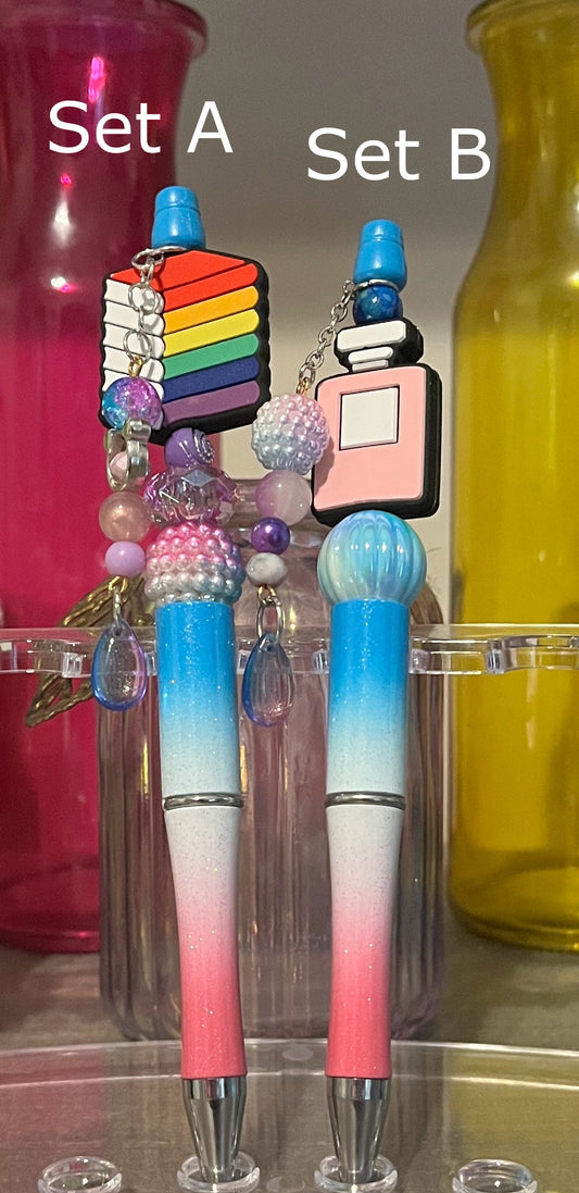 Glitter Blue-White-Pink Ombré Beaded Pens