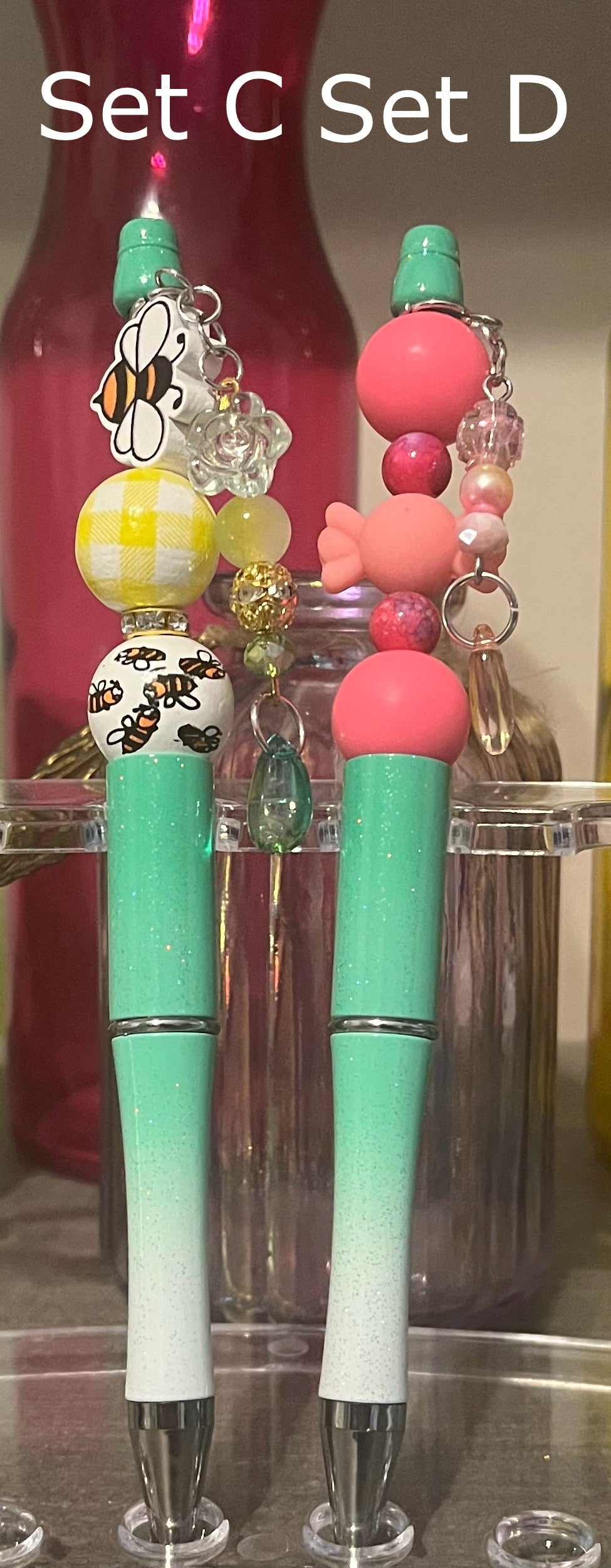 Glitter Mint Green-White Ombré Beaded Pens