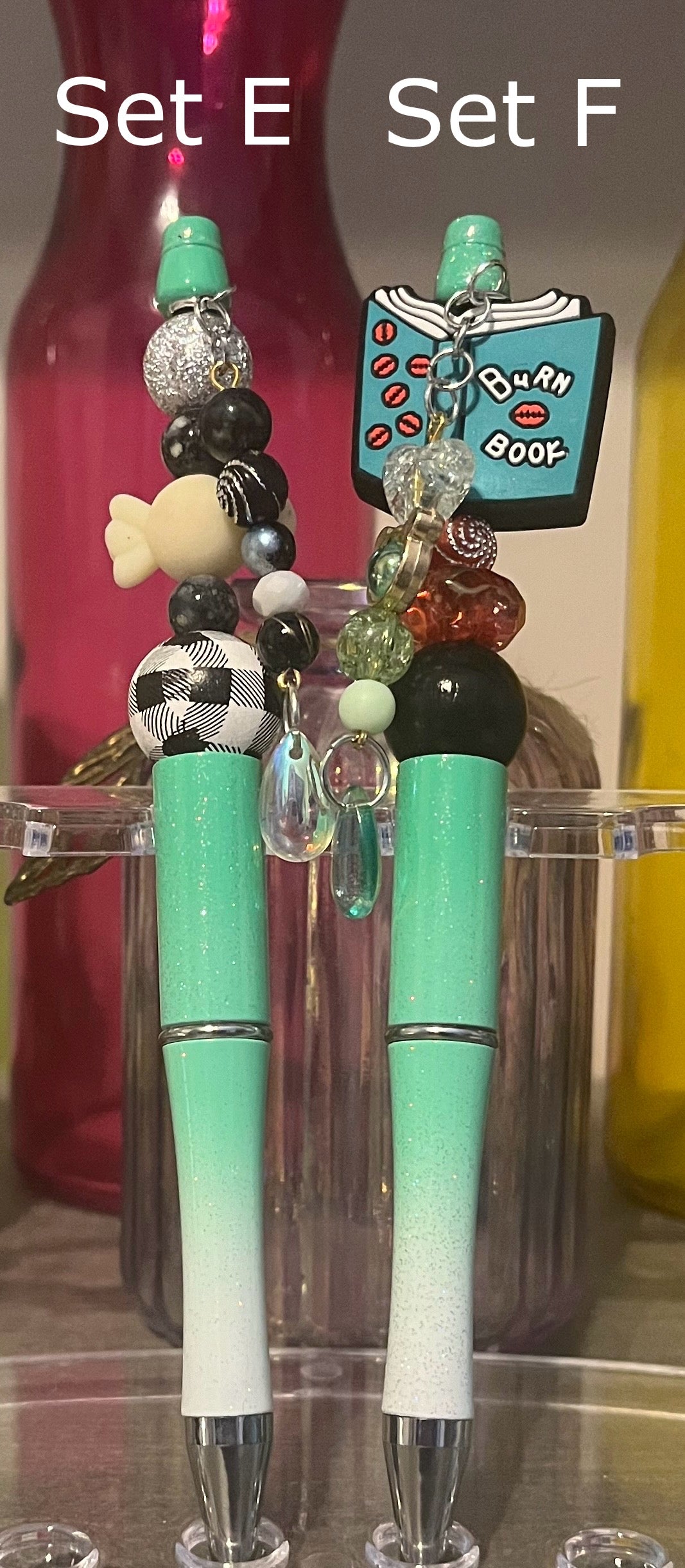 Glitter Mint Green-White Ombré Beaded Pens
