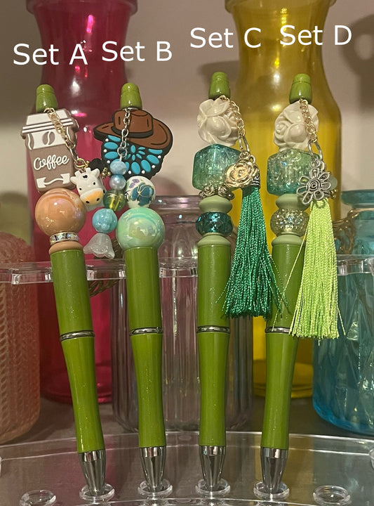 Glitter Olive Green Beaded Pens