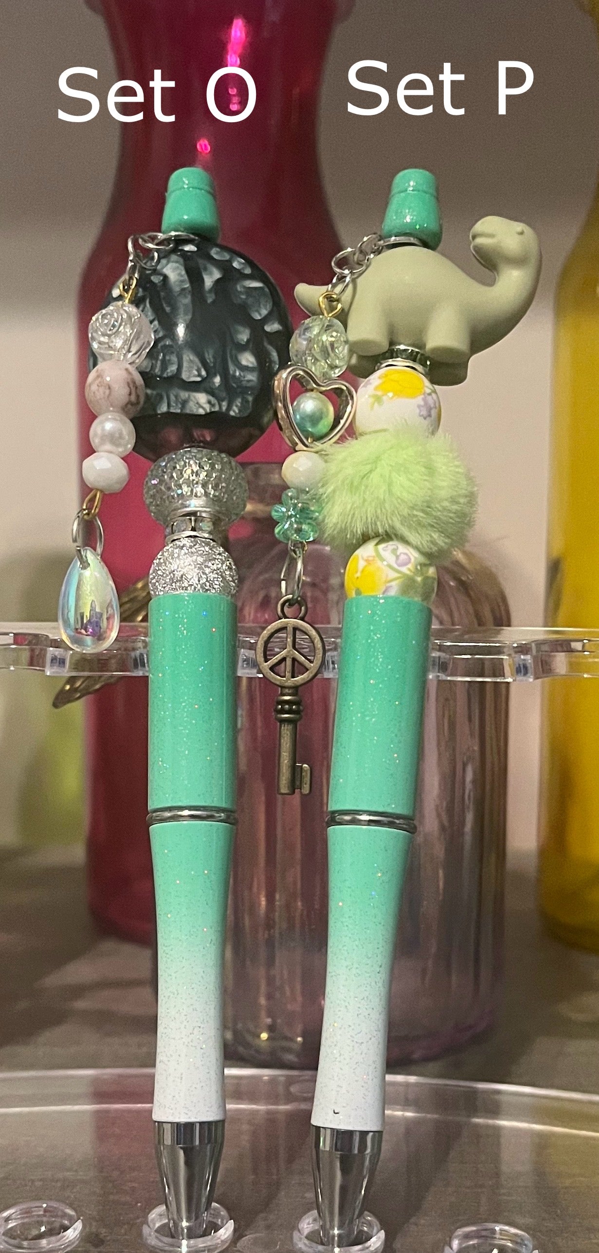 Glitter Mint Green-White Ombré Beaded Pens