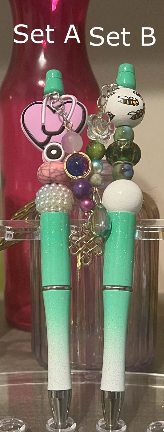 Glitter Mint Green-White Ombré Beaded Pens