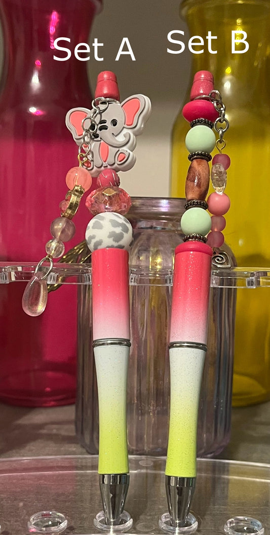 Glitter Pink-White-Lime Ombré Beaded Pens