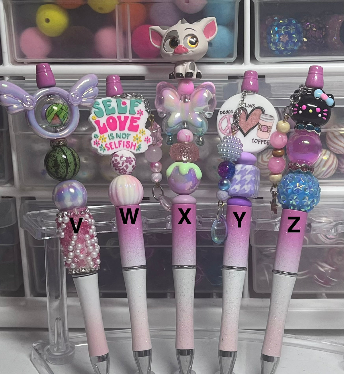 Glitter Ombré Pink-White-Light Pink Beaded Pens